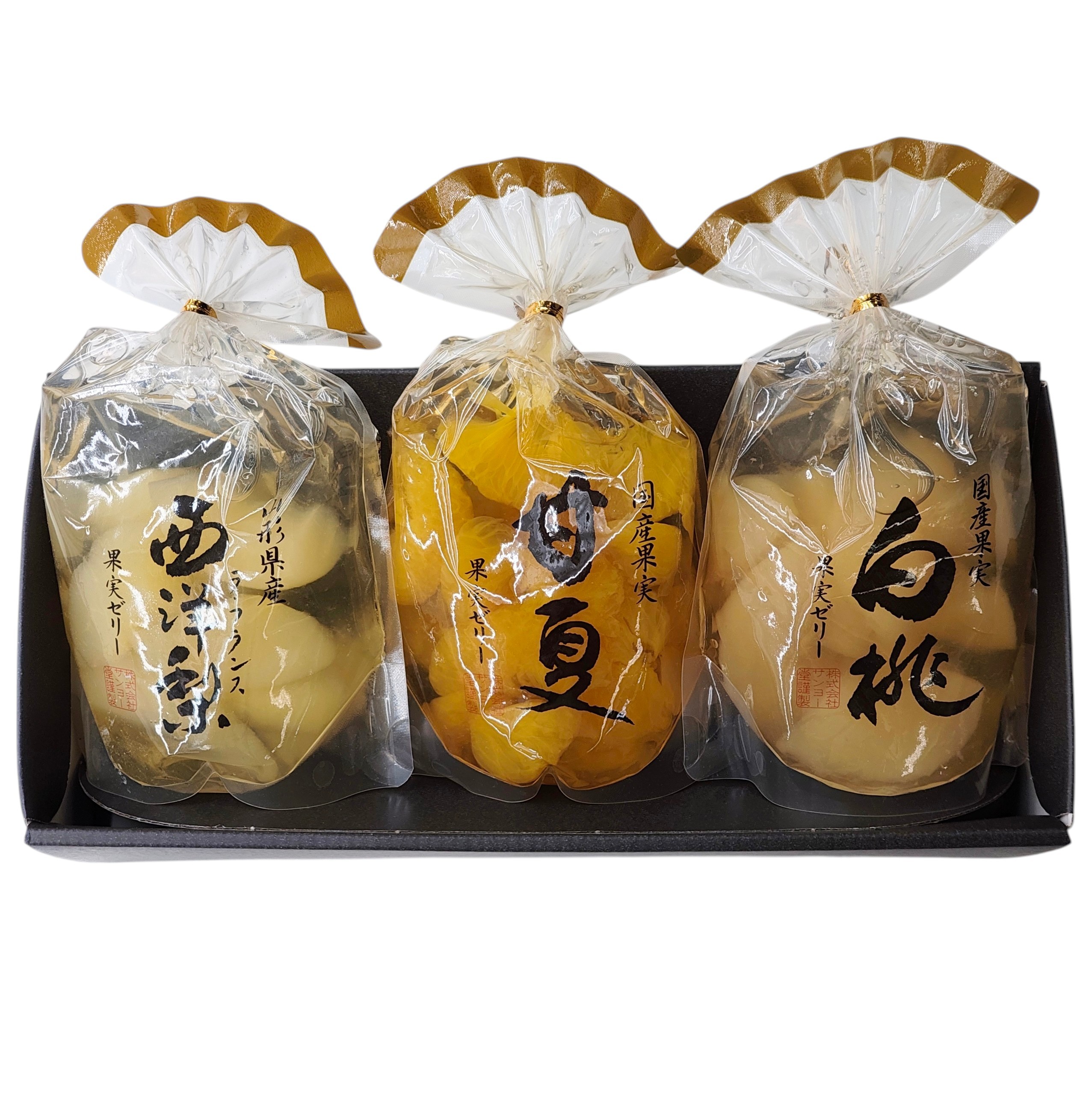 贈答用特選フルーツゼリー三種（白桃・甘夏・西洋梨）ギフトセット【送料別】　御祝　内祝　御見舞　快気内祝　御中元　 暑中見舞　残暑見舞　御歳暮　御年賀　御礼　粗品　賞品　志　香典返し　誕生日　母の日　父の日　敬老の日